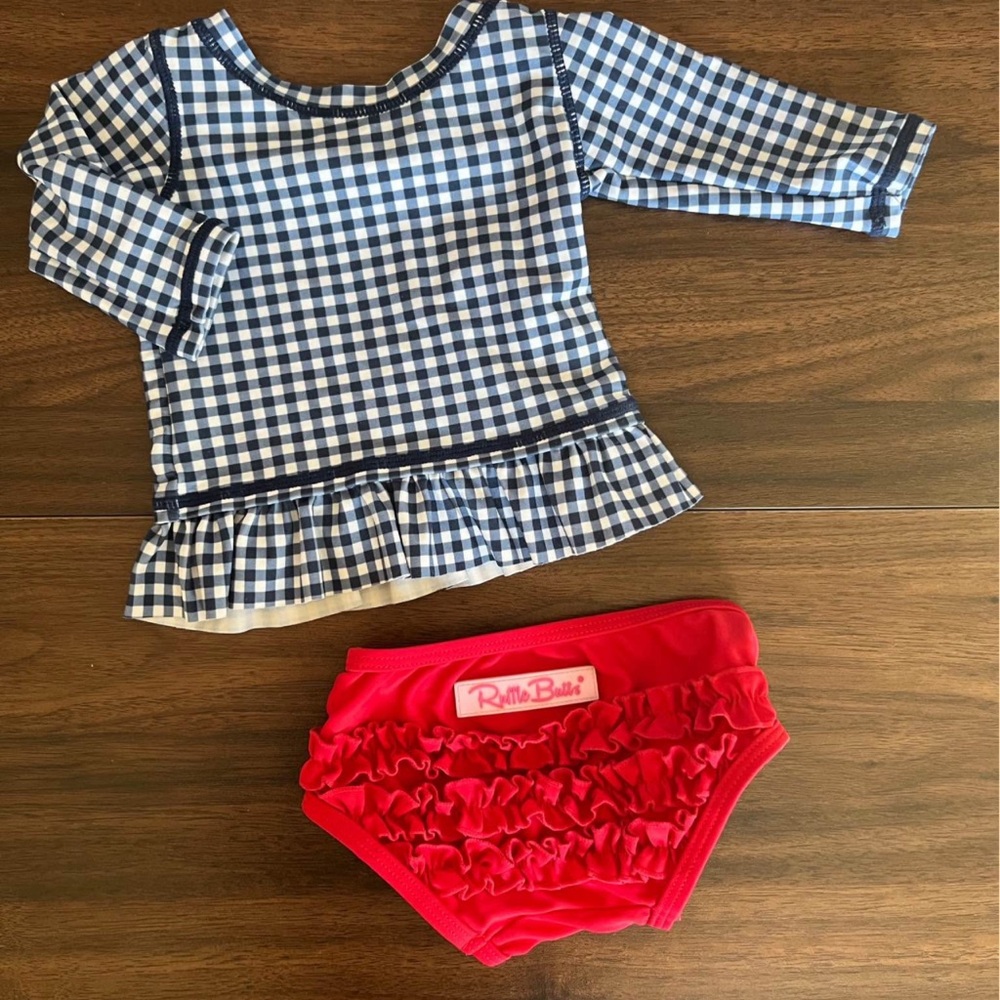 Blue Gingham Top and Red Ruffle Butts Swimmie Set
